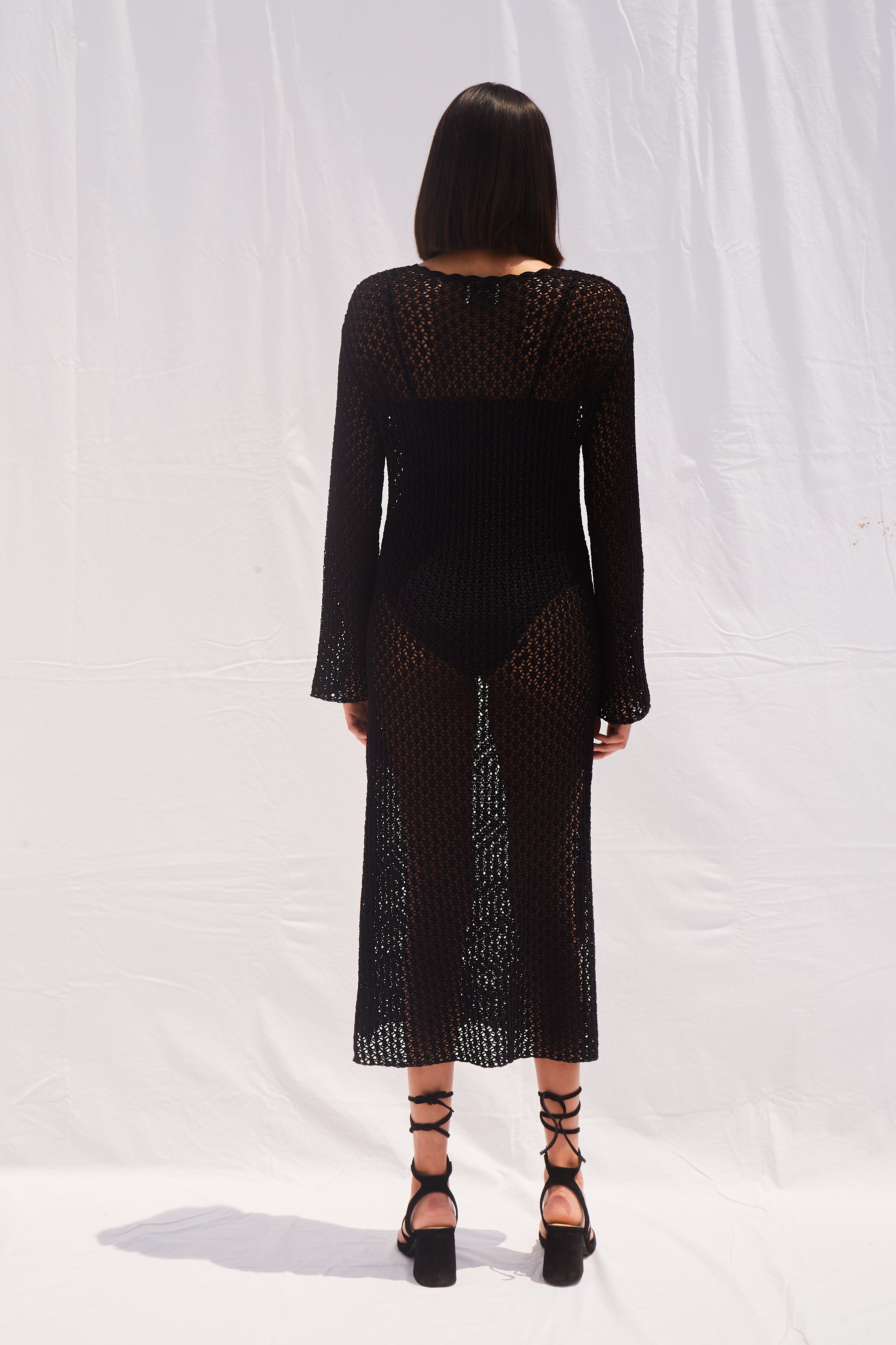 MARIA CROCHET COTTON LONG DRESS - BLACK