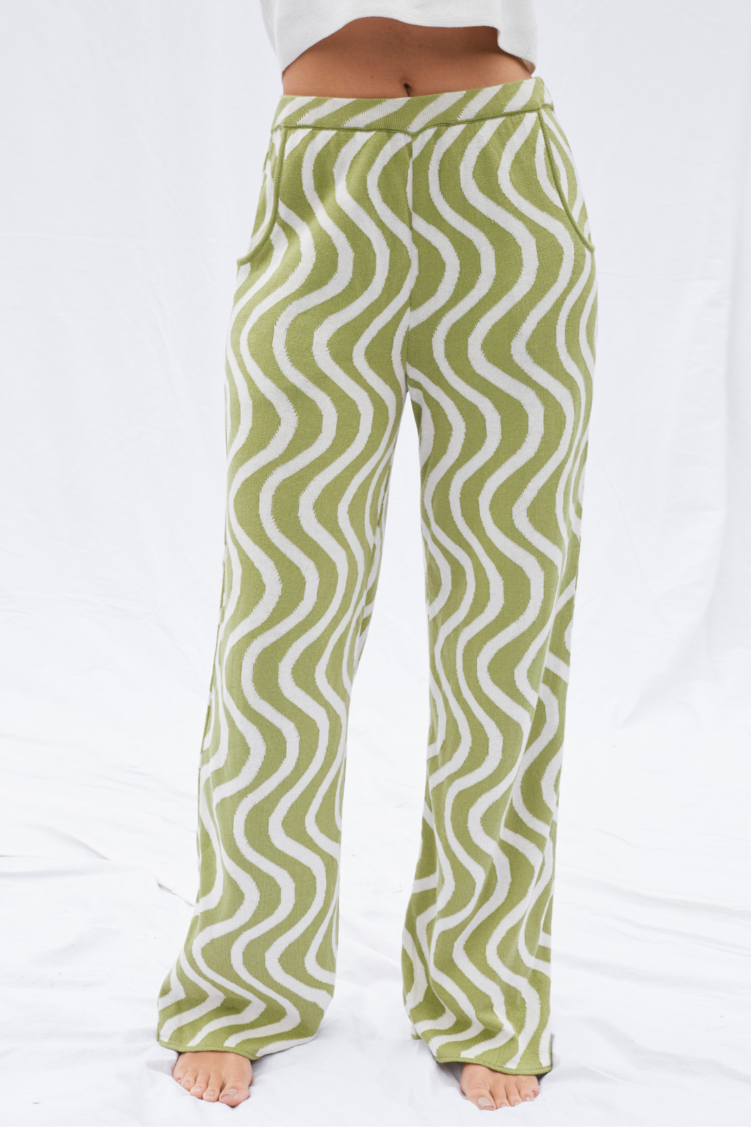 WAVY COTTON JACQUARD KNIT PANTS - GREEN & WHITE