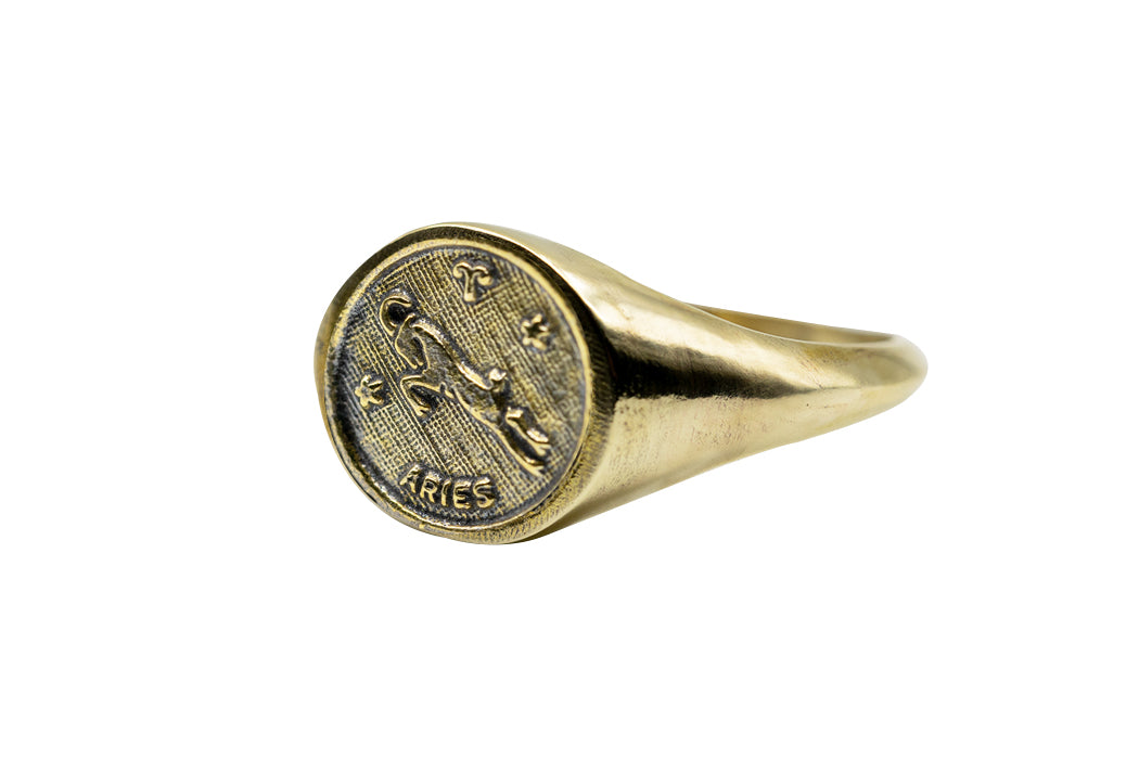 Vintage Brass Astrology Ring. Can be changed to Gold. This golden ring has Zodiac Aries. Handmade in a jewelry store in Brooklyn NYC