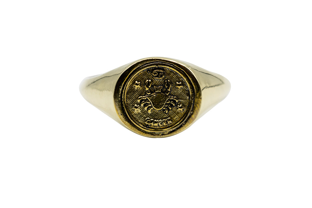 Vintage Brass Astrology Ring. Can be changed to Gold. This golden ring has Zodiac Cancer. Handmade in a jewelry store in Brooklyn NYC