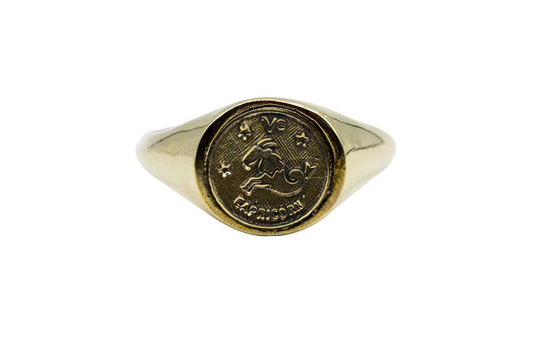 Vintage Brass Astrology Ring. Can be changed to Gold. This golden ring has Zodiac Capricorn. Handmade in a jewelry store in Brooklyn NYC