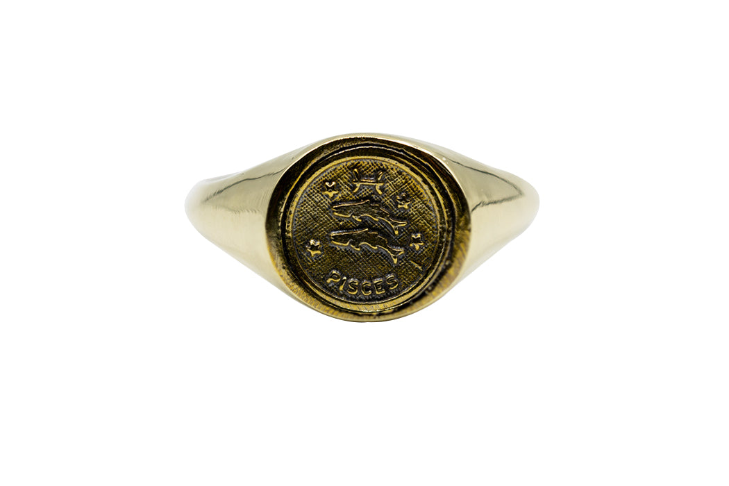 Vintage Brass Astrology Ring. Can be changed to Gold. This golden ring has Zodiac Pisces. Handmade in a jewelry store in Brooklyn NYC