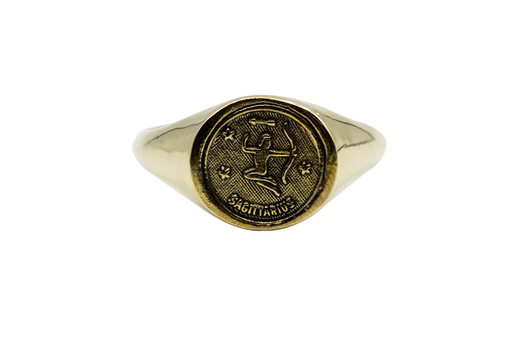 Vintage Brass Astrology Ring. Can be changed to Gold. This golden ring has Zodiac Sagitarius. Handmade in a jewelry store in Brooklyn NYC