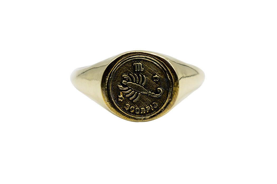 Vintage Brass Astrology Ring. Can be changed to Gold. This golden ring has Zodiac Scorpio. Handmade in a jewelry store in Brooklyn NYC