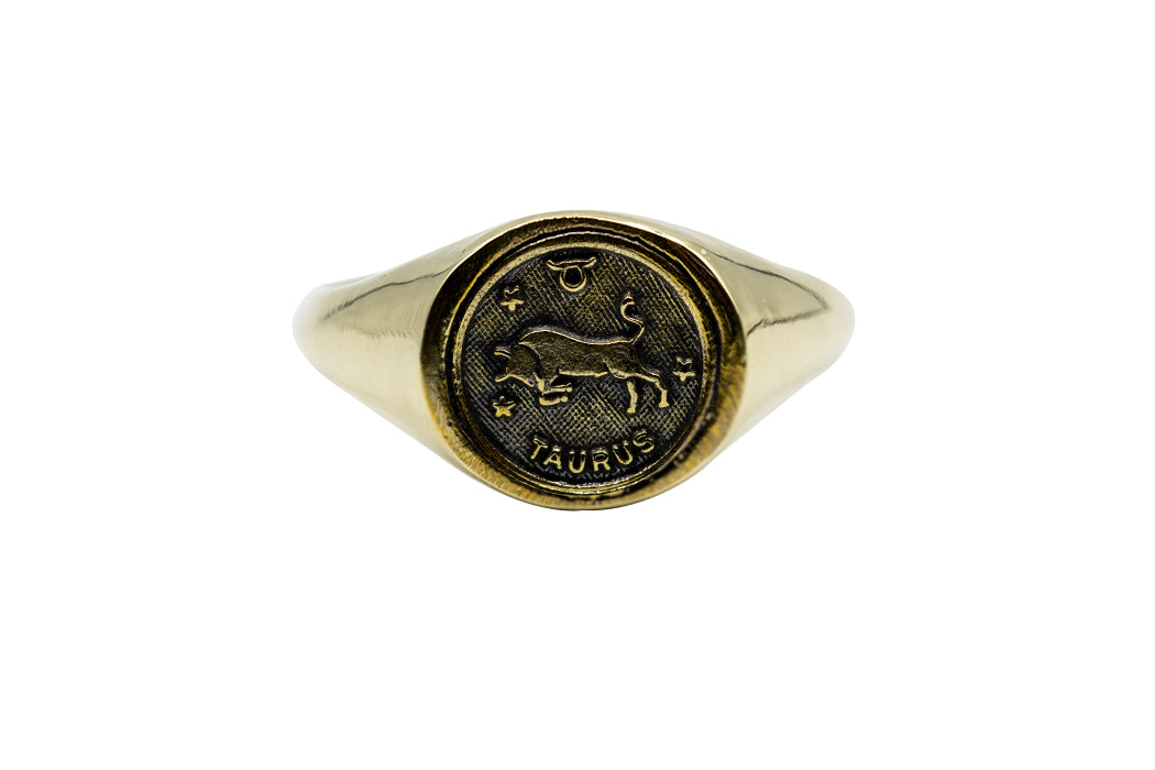 Vintage Brass Astrology Ring. Can be changed to Gold. This golden ring has Zodiac Taurus. Handmade in a jewelry store in Brooklyn NYC