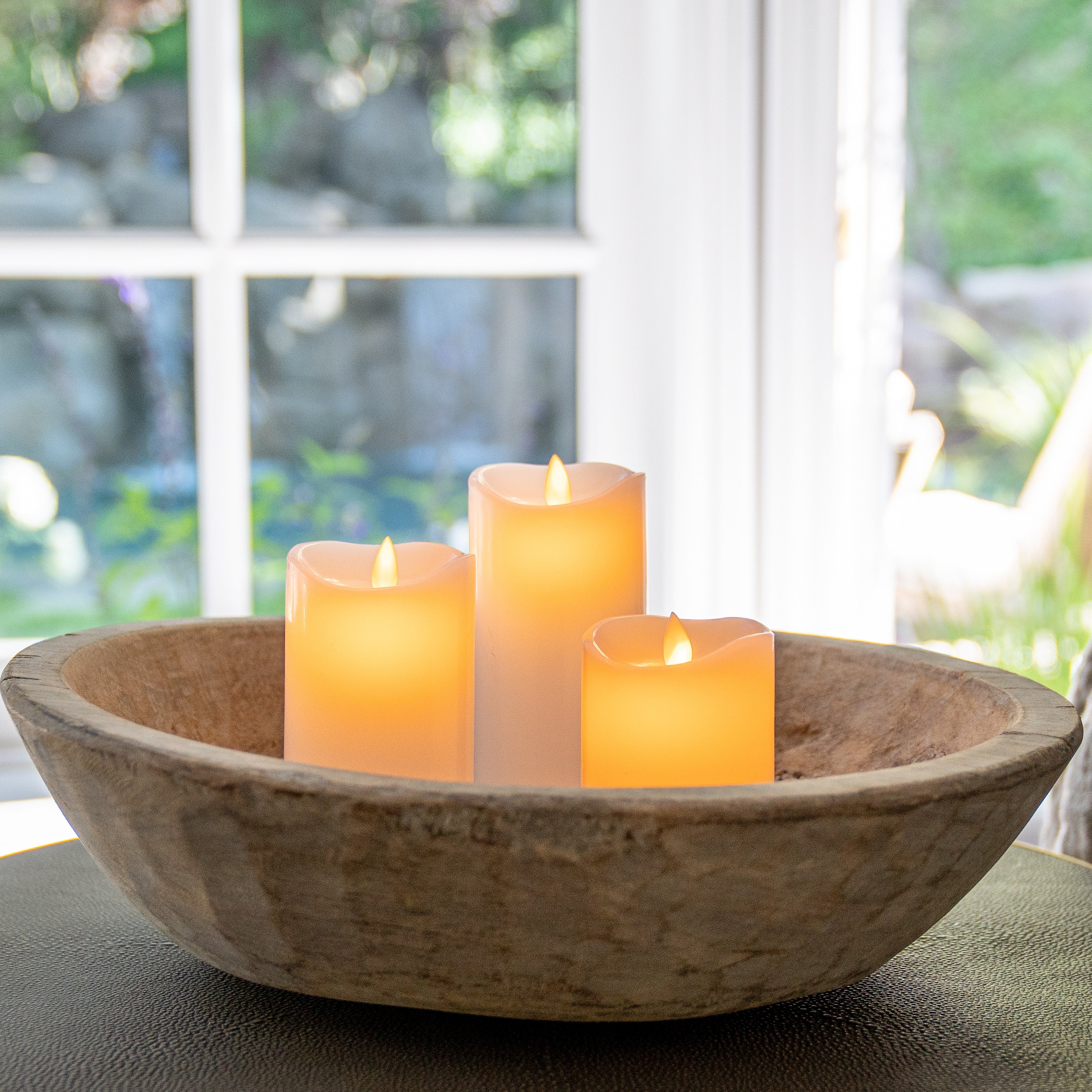 Antique Wooden Dough Bowl and Flameless Candle Set