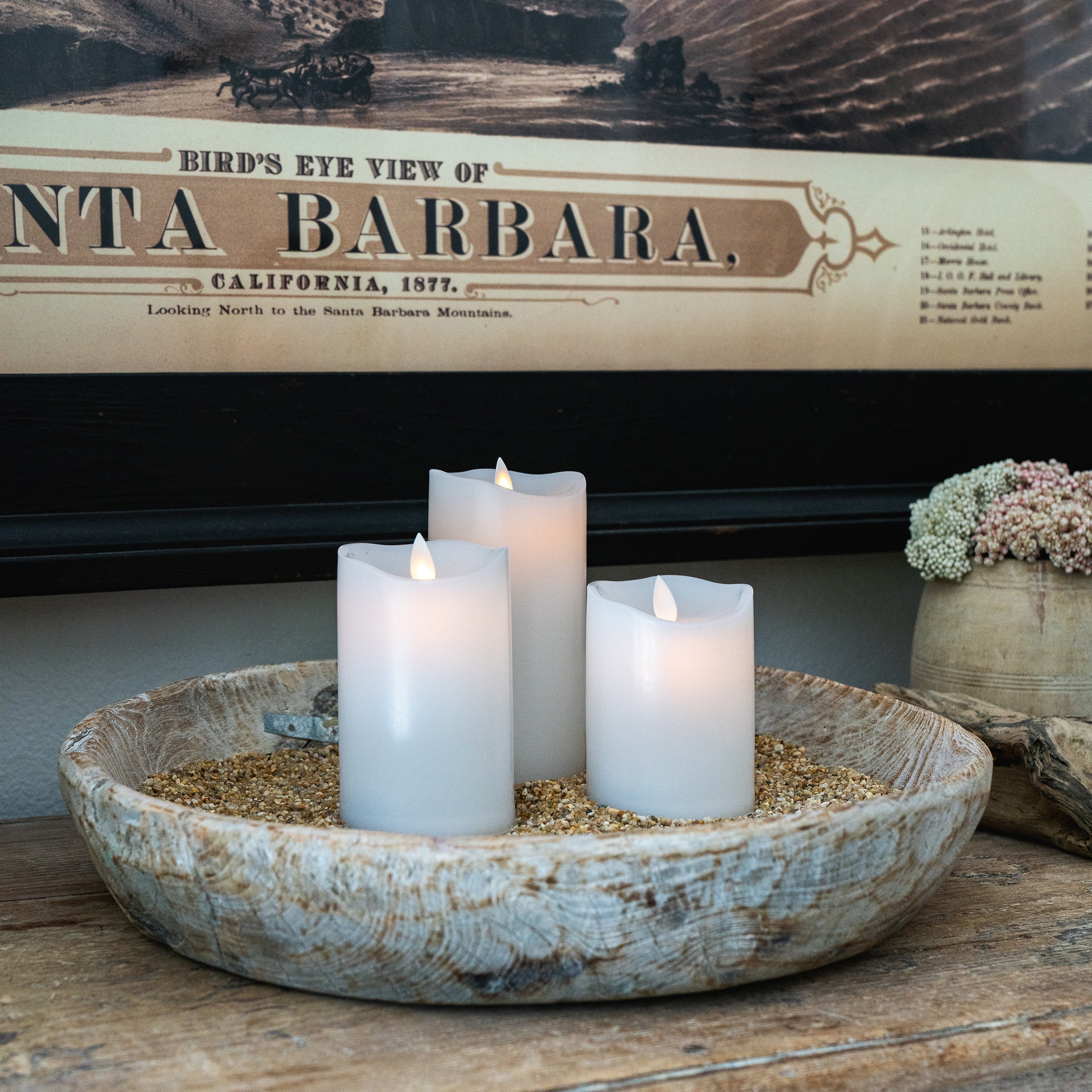 Antique Wooden Dough Bowl and Flameless Candle Set