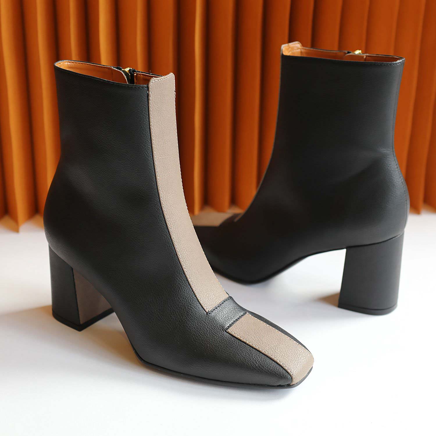 Sylven Jayne Black/Taupe Vegan apple leather boots - honeycomb shot