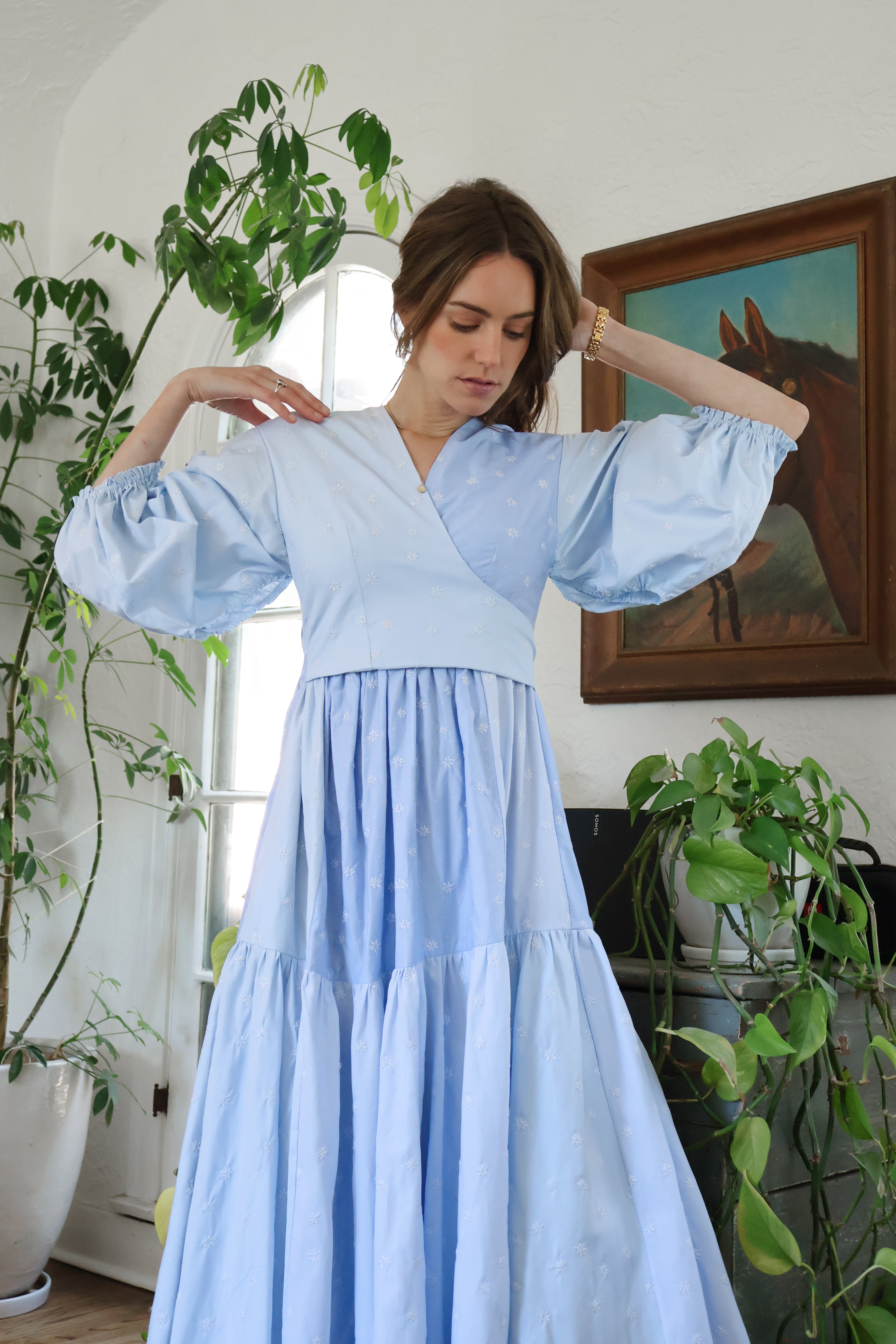 Calistoga Dress, Sky Blue Floral Embroidery