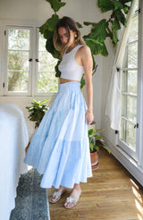 Maria Teresa Skirt, Sky Blue Floral Embroidery