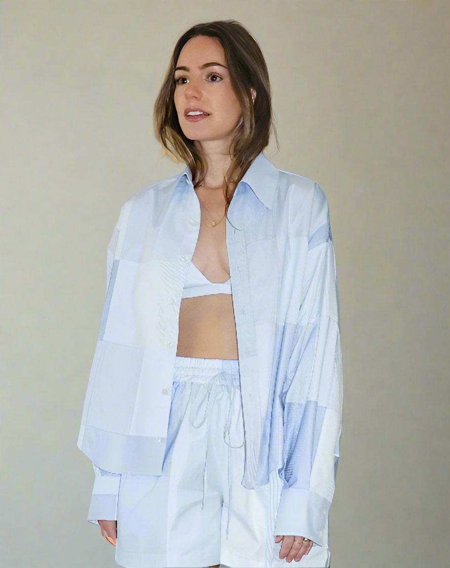 Marcial Button Down Shirt, Sky Blue Patchwork