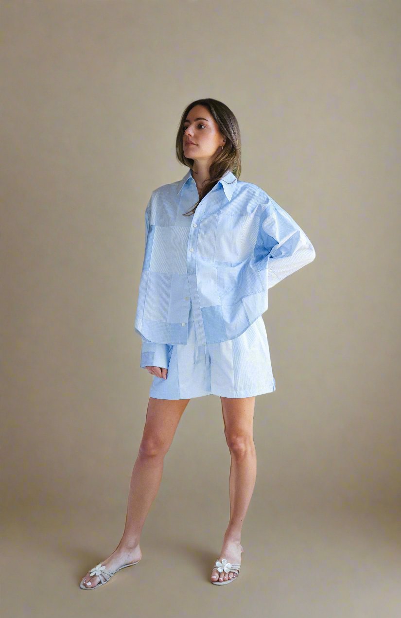 LOTI MARCIAL BUTTON DOWN SHIRT SKY BLUE PATCHWORK UPCYCLED COTTON