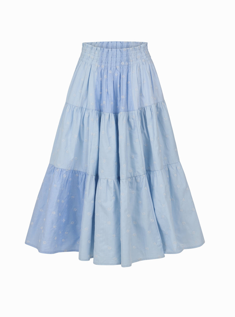 Maria Teresa Skirt, Sky Blue Floral Embroidery