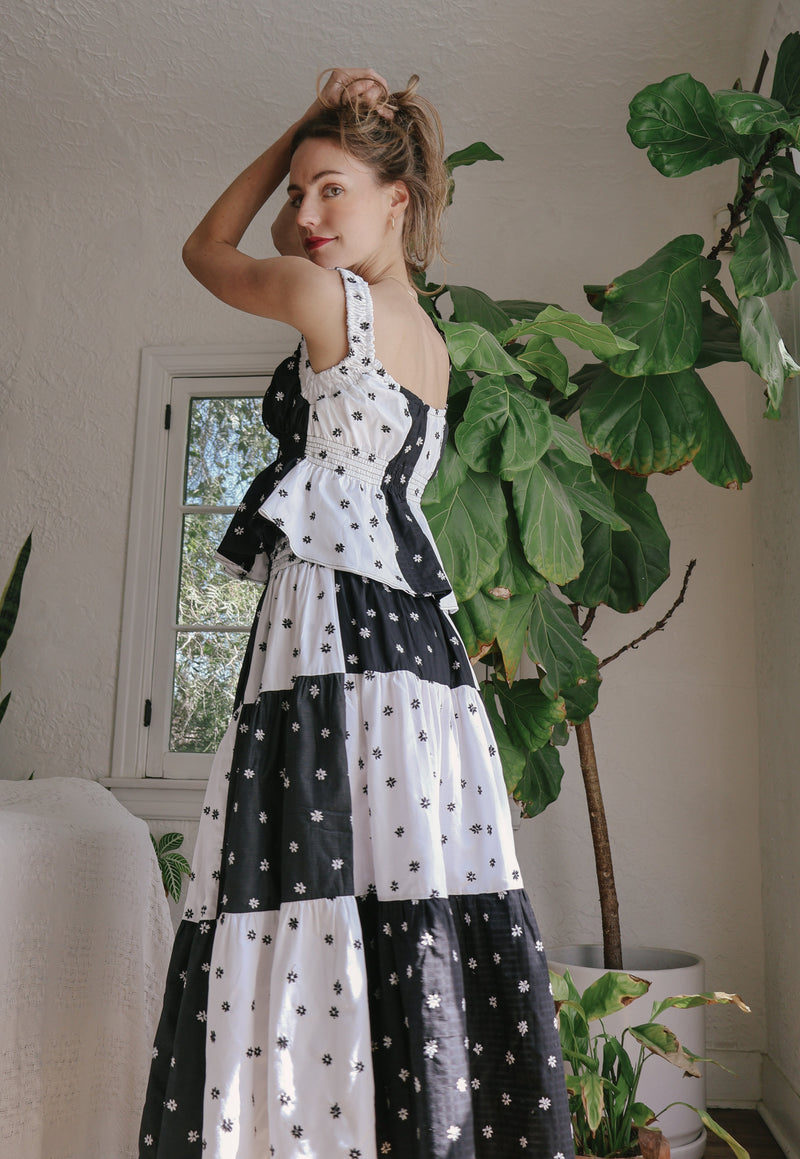 Marcela Top, Black & White Floral Embroidery