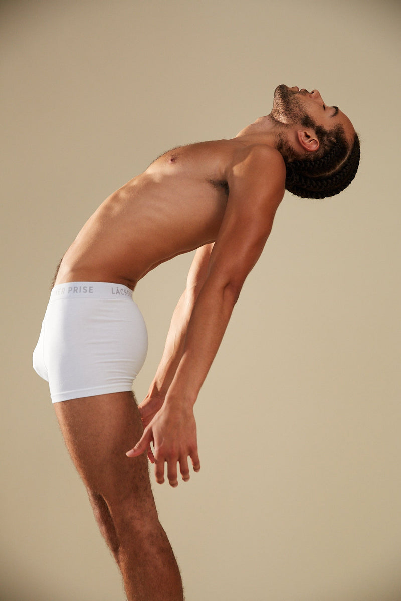 Boxer briefs - white by Lacher Prise Apparel - man bending down