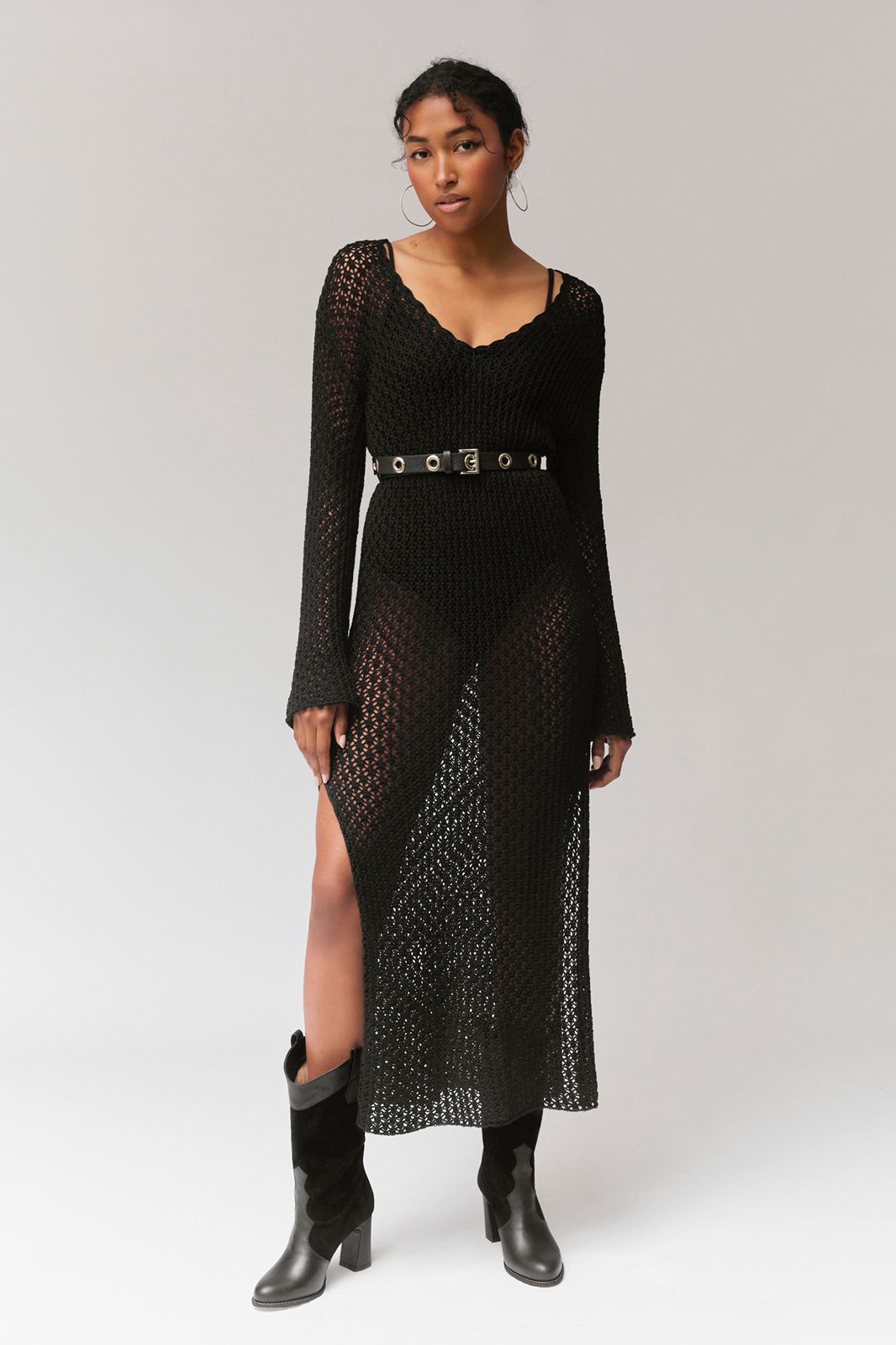 MARIA CROCHET COTTON LONG DRESS - BLACK