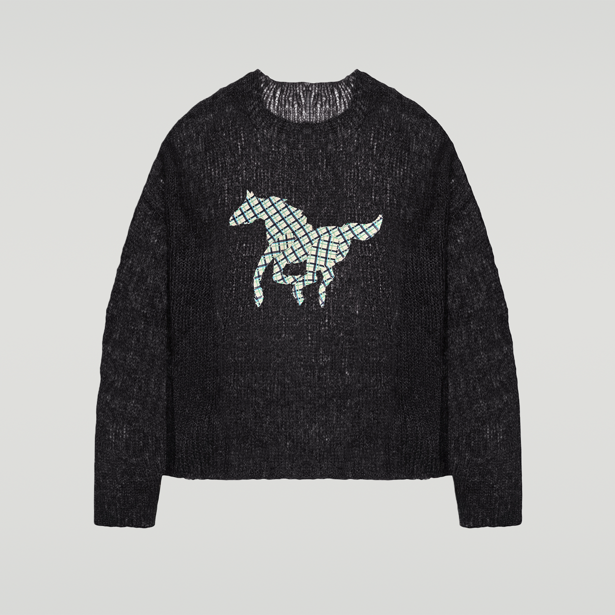 Black Mohair Handknit Pullover with Plaid Pony