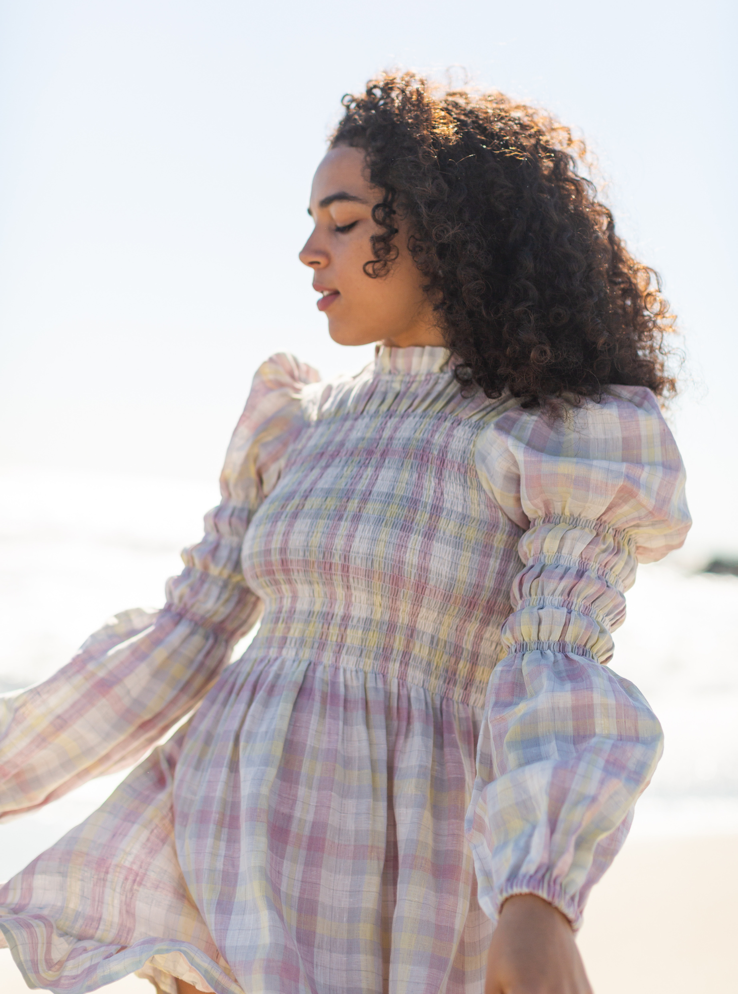 Shirred Turtleneck Mini Dress in Plaid