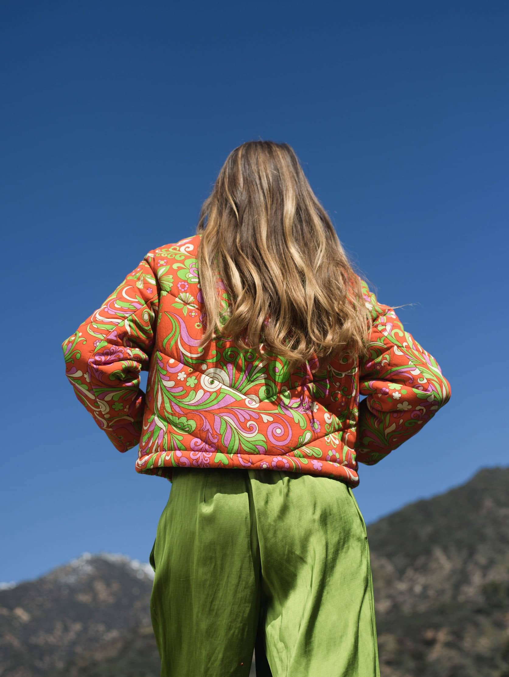 Cropped Cotton Quilted Jacket - Red Orange Psychedelic Floral