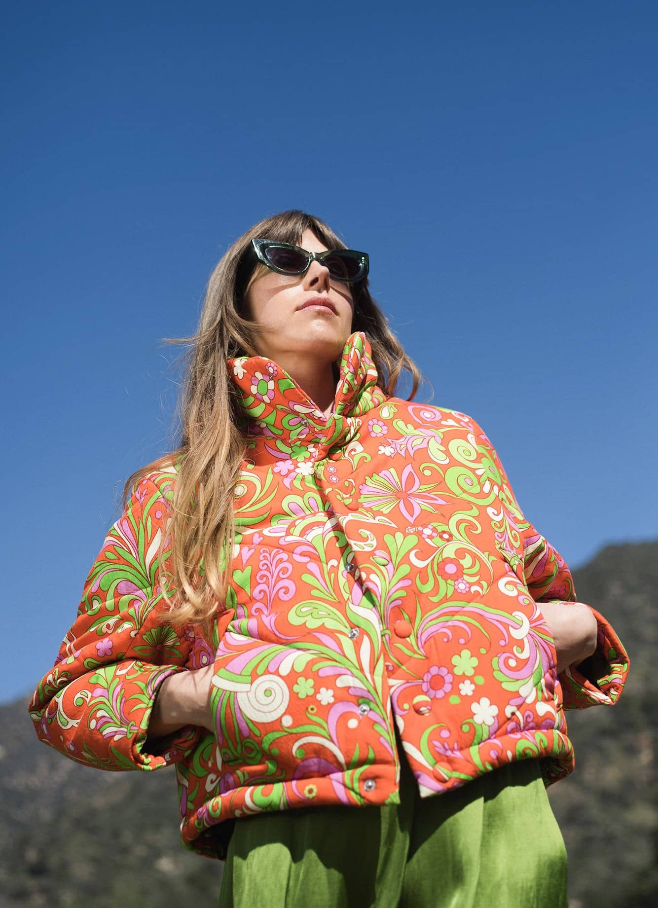 Cropped Cotton Quilted Jacket - Red Orange Psychedelic Floral