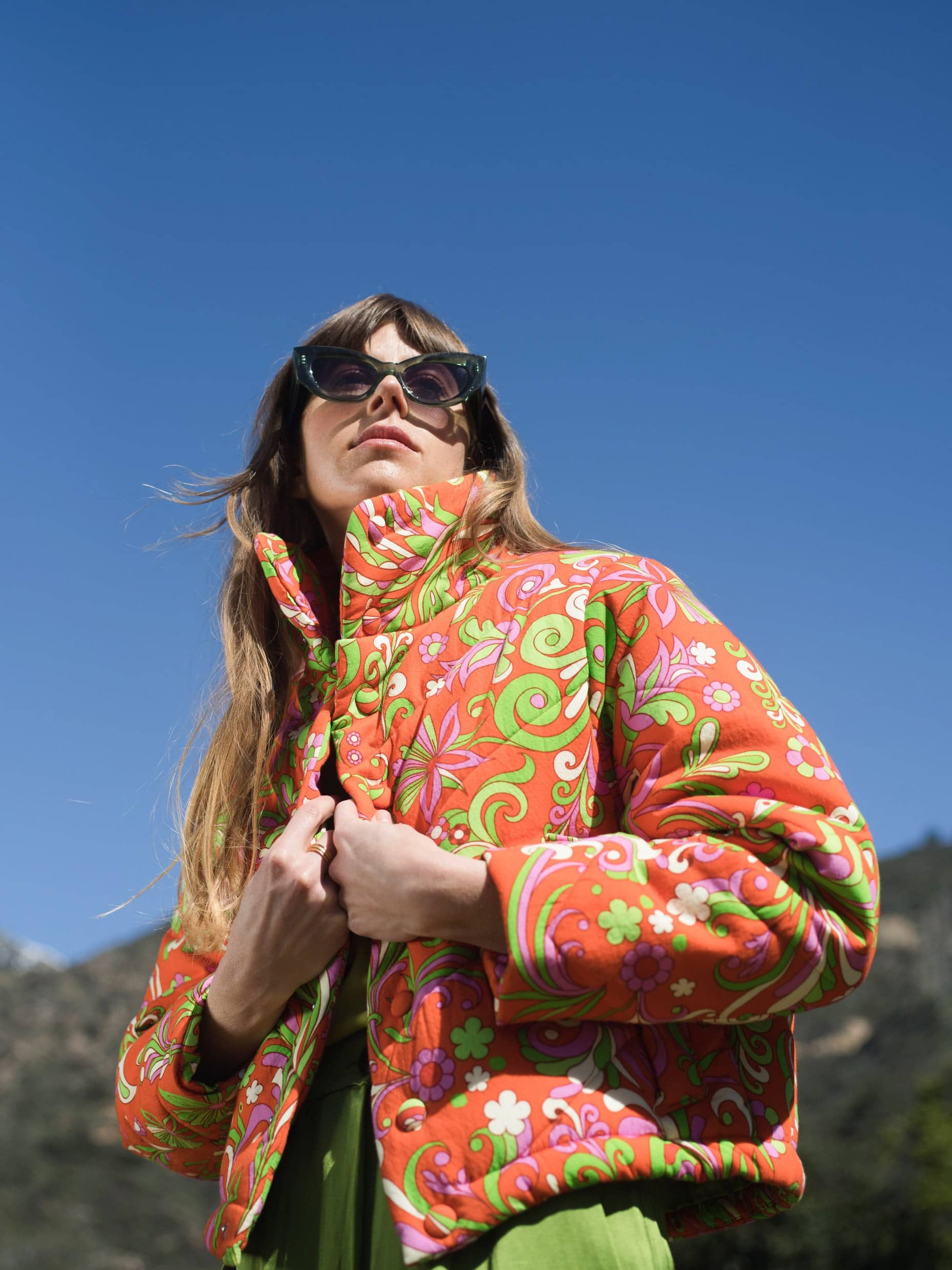 Cropped Cotton Quilted Jacket - Red Orange Psychedelic Floral