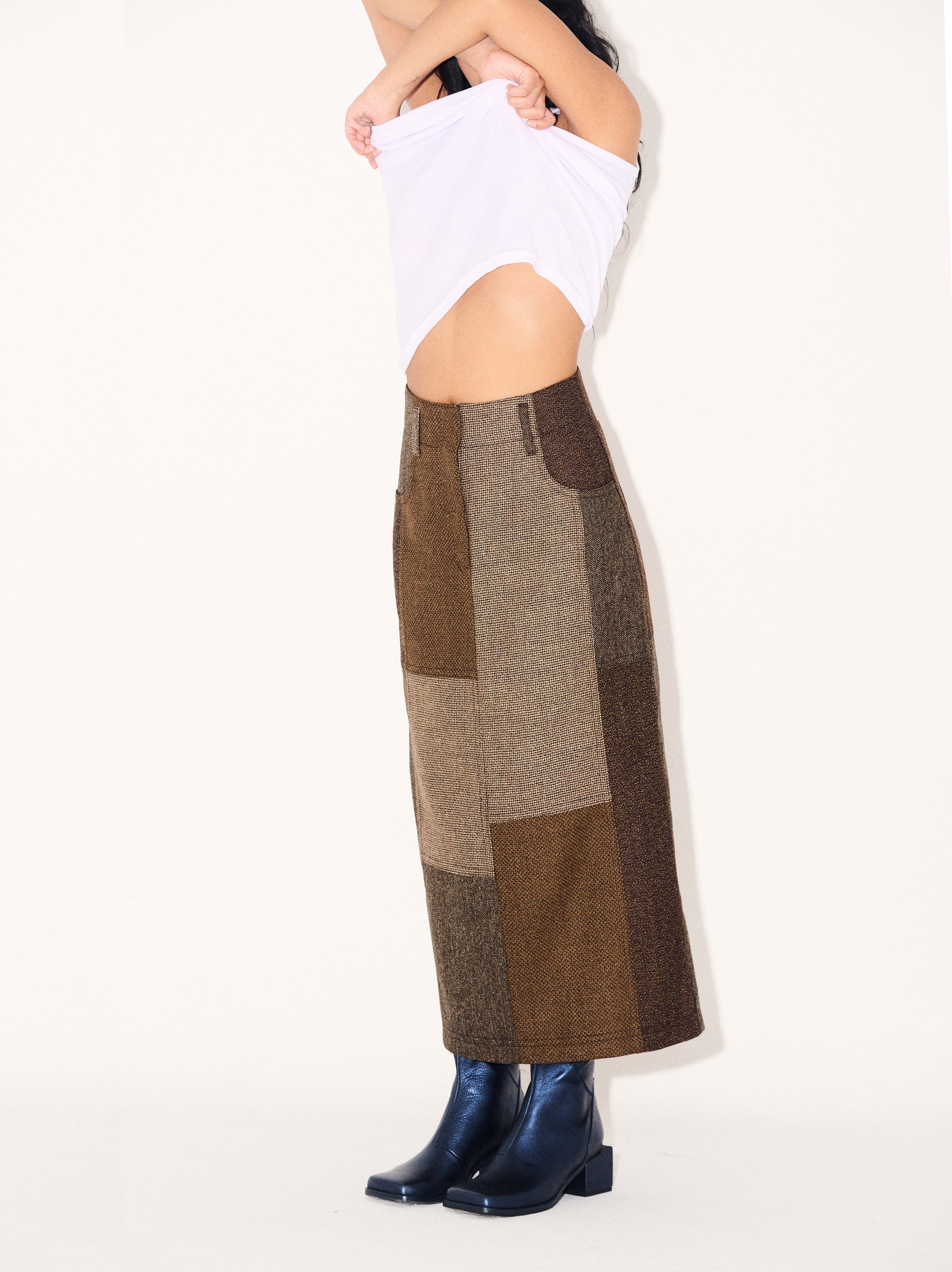 Juana Skirt in Tostada Patchwork Merino Wool