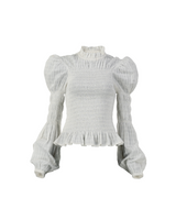 Shirring Turtleneck in Mini White Windowpane Cotton