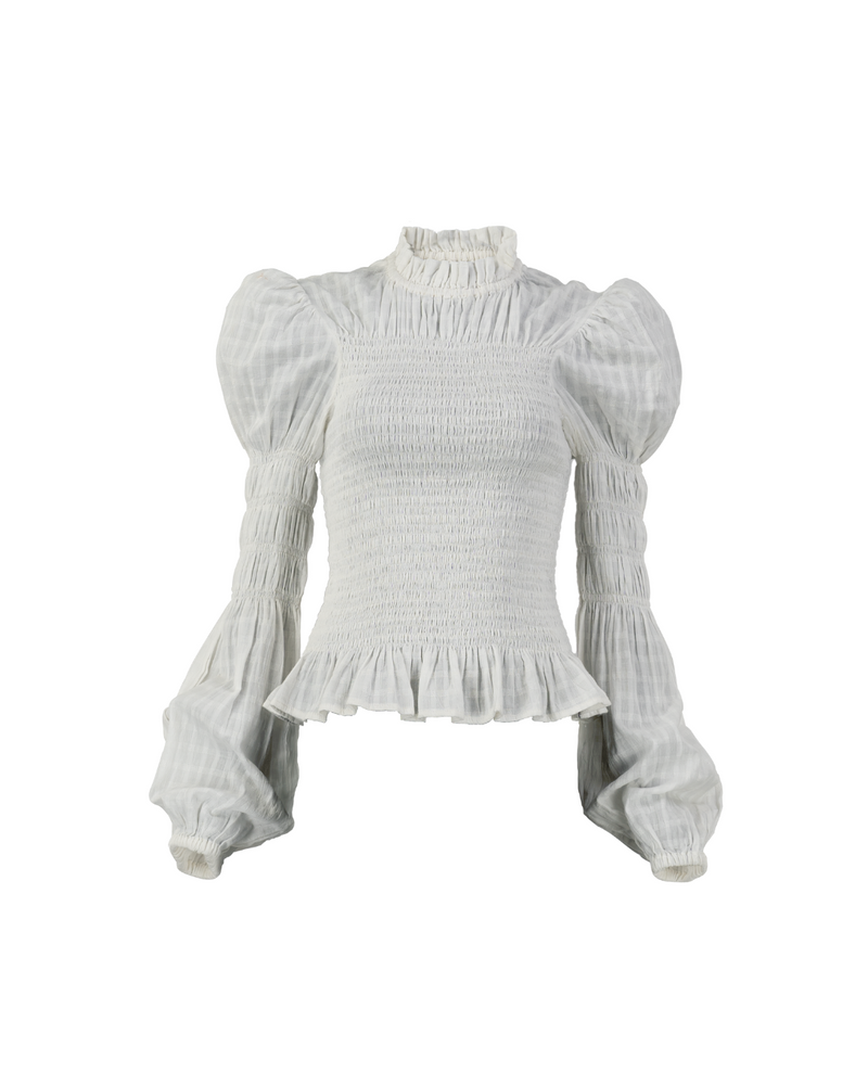 Shirring Turtleneck in Mini White Windowpane Cotton